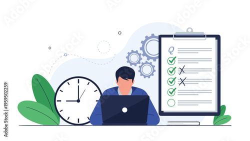 Business analysis and strategic planning concept showing professionals evaluating data charts, target, and creative ideas on a laptop.