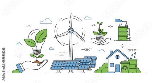 Eco friendly energy, sustainable living, green technology, renewable power icons