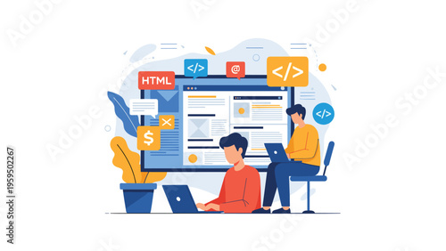 Web development and programming concept featuring software engineers coding for a website project with HTML and CSS elements.