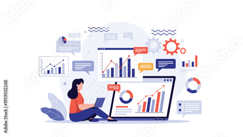 Time management and productivity concept featuring a person working on a laptop next to a large clock and completed task checklist.