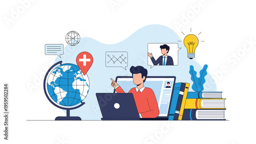 Website development and programming concept featuring software engineers collaborating on code across multiple digital interfaces.