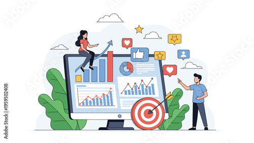 Digital data analysis and social media marketing performance tracking with business charts and engagement icons.