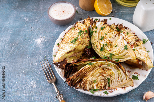 Schilderij op canvas Roasted baked cabbage with cheese and aromatic herbs