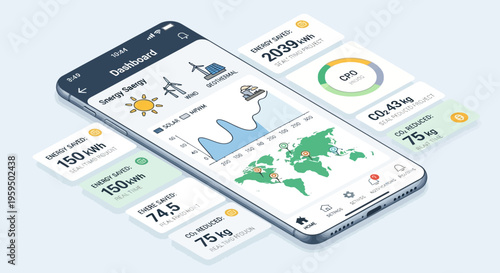 Mobile app dashboard, weather forecast interface, smartphone screen, infographic elements, vector graphics