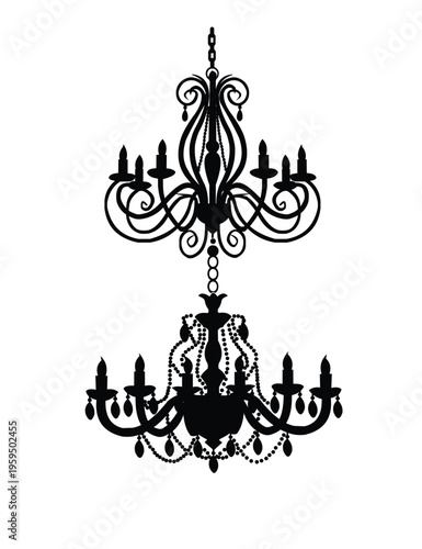 Elegant black silhouette of a luxurious chandelier with ornate details and crystals