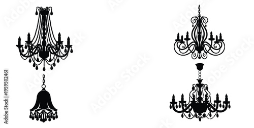 Black silhouettes of elegant chandeliers with ornate details and hanging crystals