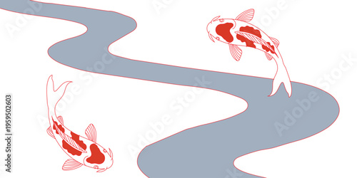 Two red and white koi fish swimming in a winding blue river