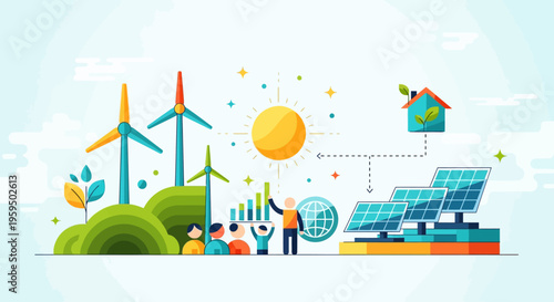 Eco friendly energy, sustainable power, green technology, renewable resources, solar panels, wind turbines