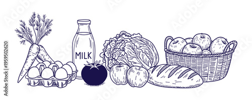 Vector illustration of fresh food items including milk, eggs, bread, fruits, and vegetables