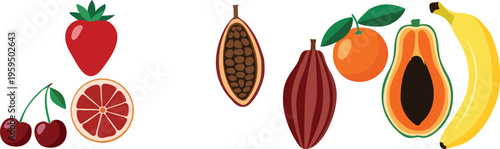 Colorful illustrations of various fruits including strawberry and cherries