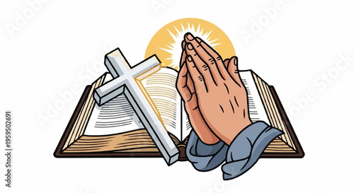 Praying hands with cross and holy book in sunlight symbolizing faith and spirituality in a serene and peaceful atmosphere