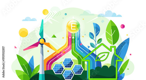 Eco friendly energy, sustainable power, green technology, renewable resources, colorful vector illustration