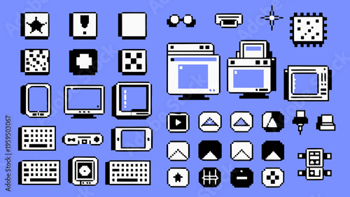 Monochrome black and white pixel vector icons of various digital devices and symbols on blue background