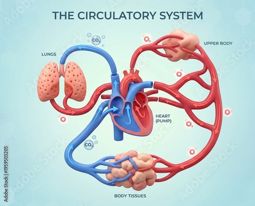 Comprehensive medical illustration of the human circulatory system, depicting blood flow, oxygenation, and carbon dioxide transport throughout the body
