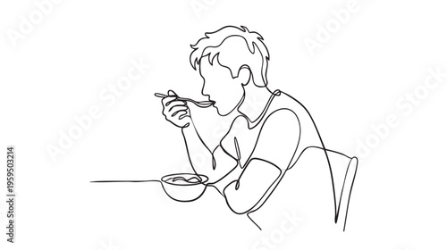 A minimalist one-line drawing shows a young man seated at a table, enjoying a bowl of soup with a spoon, creating a simple yet relatable scene of comfort and sustenance.