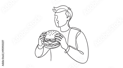 A minimalist single line drawing depicts a man holding a large, juicy burger, showcasing a simple yet appetizing visual.