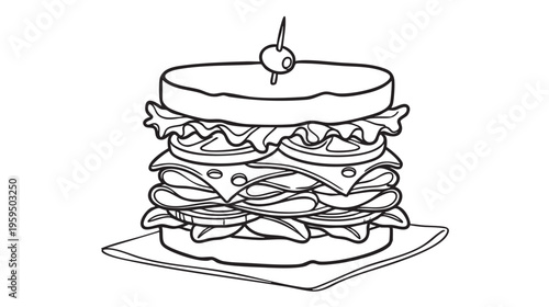 A detailed, single-line illustration presents a towering sandwich overflowing with layers of lettuce, cheese, and deli meat, skewered with a toothpick.