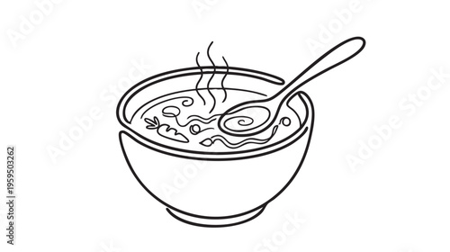 A black and white line illustration features a deep bowl filled with steaming soup, complete with visible ingredients and a spoon resting inside.