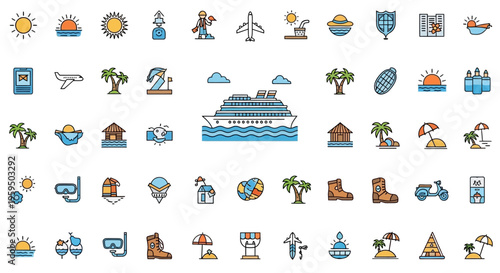 Summer Vacation and Travel Icon Set - Vector Cruise Ship, Palm Trees, Beach, and Adventure Symbols in Flat Linear Color Style