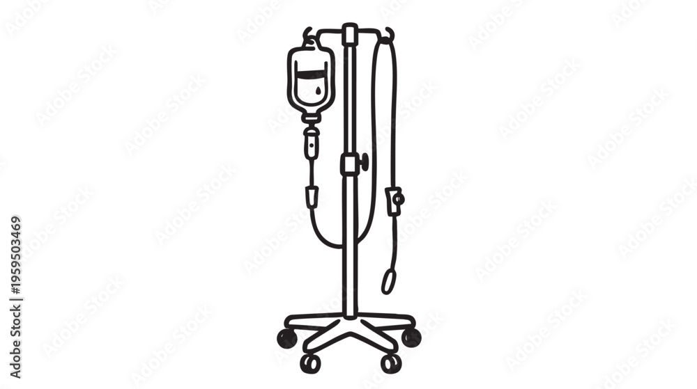 Fototapeta premium A simple, hand-drawn medical illustration of an IV drip stand with a bag and tubing, symbolizing healthcare and treatment.