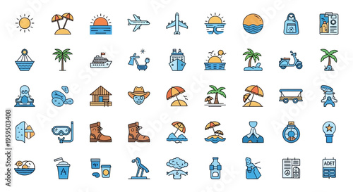50 Travel and Summer Vacation Flat Line Color Icons Set