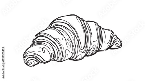 A single, flaky croissant is depicted in a detailed black and white line drawing, showcasing its layered texture and crescent shape.