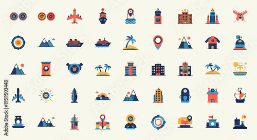 Flat Travel and Tourism Icon Set with Landmarks, Transportation, and Navigation Symbols