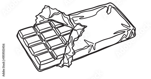 A simple, black and white line drawing of a chocolate bar with its wrapper partially pulled back, revealing the segmented chocolate within.
