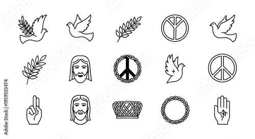 Easter religious symbols vector icons sheet peace doves olive branches jesus holy week illustrations spiritual concepts faith based graphics church design asset printable art