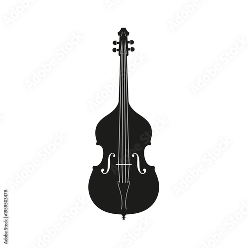 Silhouette drawing of upright string bass, musical instrument isolated