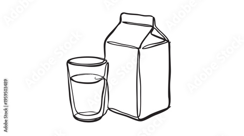 A clean one-line drawing depicts a carton of milk and a glass of milk, symbolizing freshness and simplicity in a minimalist, modern aesthetic.