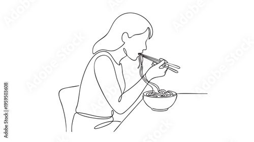 A continuous line drawing captures a woman enjoying a bowl of noodles with chopsticks, conveying a sense of simple pleasure and a healthy meal.