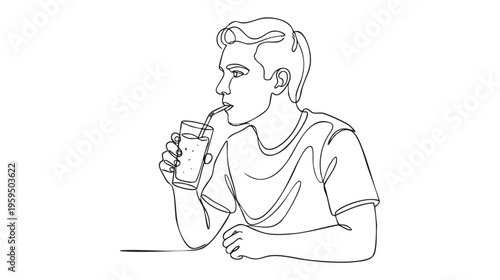 A single line drawing depicts a man sipping a beverage from a glass using a straw, with a focus on clean lines and simplicity.