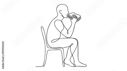 A minimalist line illustration of a man sitting on a chair and eating a sandwich, depicting a moment of casual dining or a break.