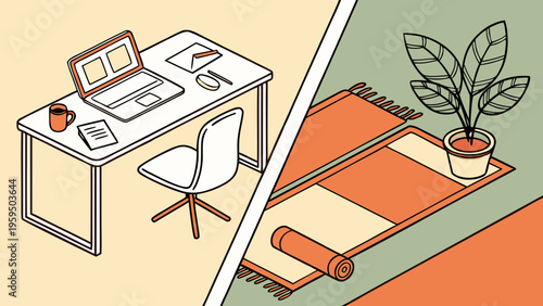 Minimal workspace and yoga relaxation composition with desk laptop documents and plant in trendy energy orange meadowland green and clay tones on neutral background