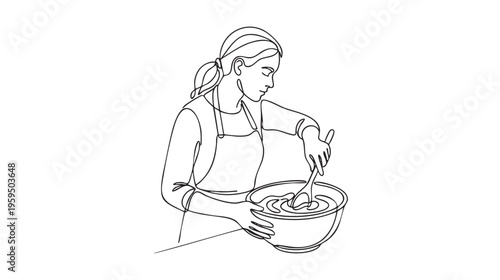 A single-line drawing of a woman wearing an apron, stirring ingredients in a bowl, capturing the essence of baking and food preparation.