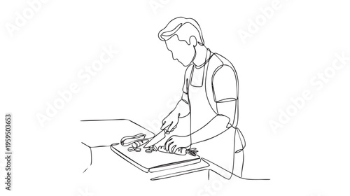 A minimalist single-line drawing features a man focused on chopping carrots on a cutting board, highlighting the process of preparing fresh, wholesome food.