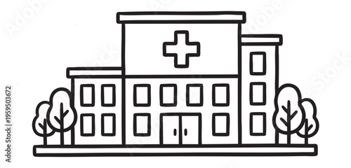 A cheerful line drawing depicts a hospital building with a cross symbol and trees lining the entrance, representing healthcare and healing.