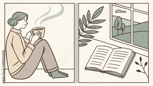 Minimal cozy lifestyle illustration with woman drinking tea, open book and plant by window in trendy energy orange meadowland green and clay tones on neutral background