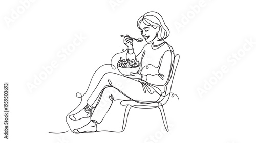 A woman enjoys a healthy breakfast of cereal and fruit while sitting comfortably on a chair.