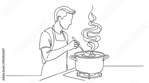 A man in an apron stirs a pot of steaming soup on a stove in a minimalist single-line drawing.
