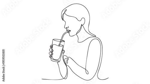 A continuous line illustration depicting a woman's profile sipping a beverage from a glass using a straw, highlighting a moment of calm enjoyment.