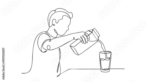 A man's profile is depicted in a minimalist line drawing as he pours a liquid from a carton into a tall glass.