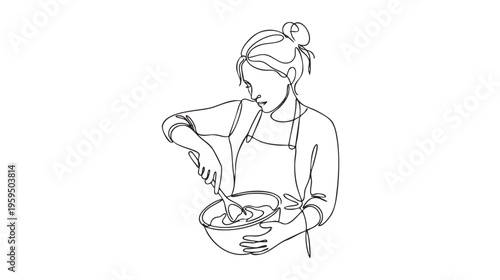 Minimalist continuous line drawing of a woman wearing an apron, mixing batter in a bowl with a spoon, capturing the essence of baking.