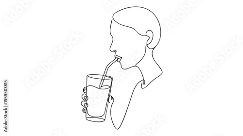 Minimalist one-line drawing of a woman's profile drinking a glass of water with a straw, conveying a sense of simple refreshment and hydration.