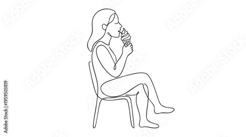 A woman sits on a chair, eyes closed in enjoyment as she savors an ice cream cone in a continuous line drawing.