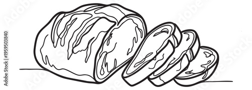 An artistic, single-line drawing showcases several slices of bread laid out next to the remaining loaf.