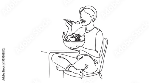 A joyful, single-line drawing shows a person sitting at a table, happily eating from a bowl of fruit with a spoon.
