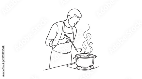 A line drawing depicts a man in an apron stirring a pot of steaming soup on a stovetop.