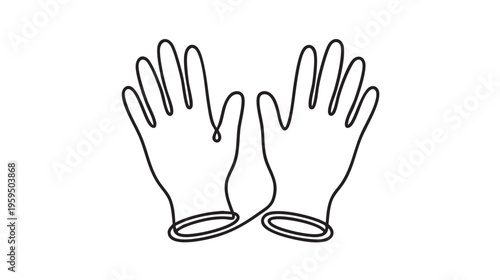 A clean, single-line drawing shows a pair of latex gloves, ready for use in a medical or cleaning setting.
